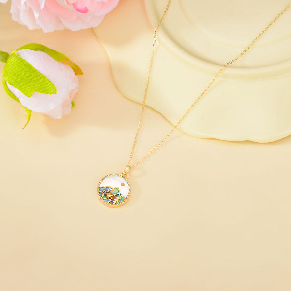 14K Gold Abalone Shellfish Sun Mountains Necklace for Women-4