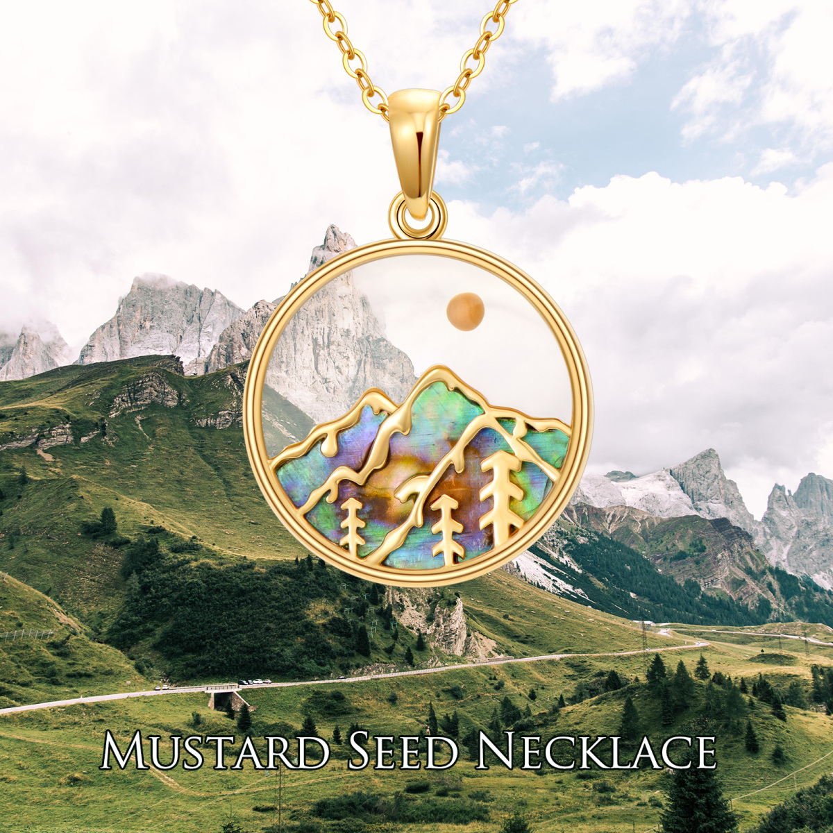 14K Gold Abalone Shellfish Sun Mountains Necklace for Women-6