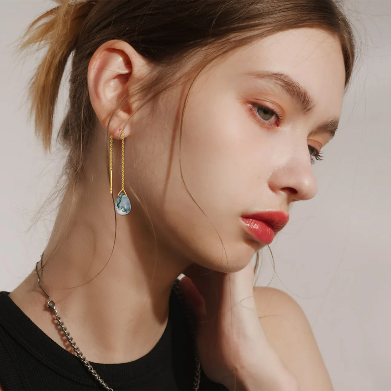 Pendientes colgantes de ágata en oro blanco de 10 quilates-2