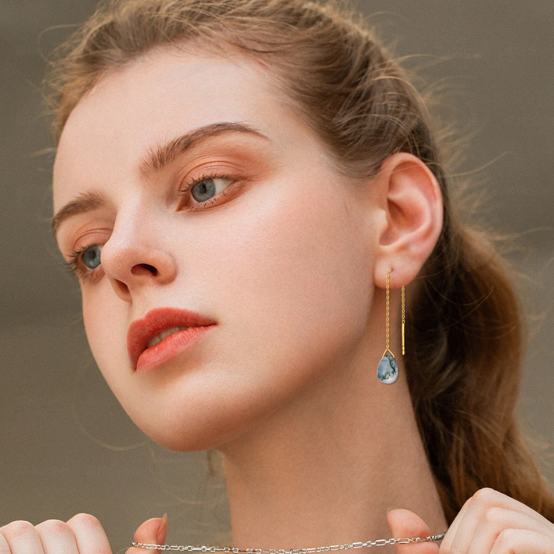 Pendientes colgantes de ágata en oro blanco de 10 quilates-3