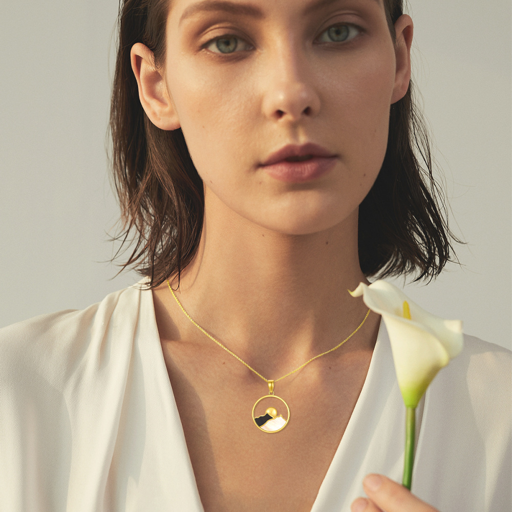 18K Gold Agate Mountains Sun Pendant Necklace For Women-4