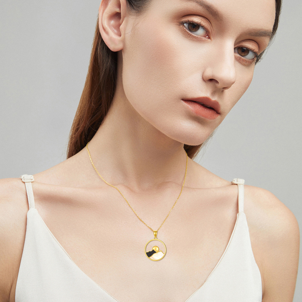 18K Gold Agate Mountains Sun Pendant Necklace For Women-5