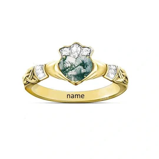 Anello nuziale classico personalizzato con nome e coppia in agata d'oro 14K