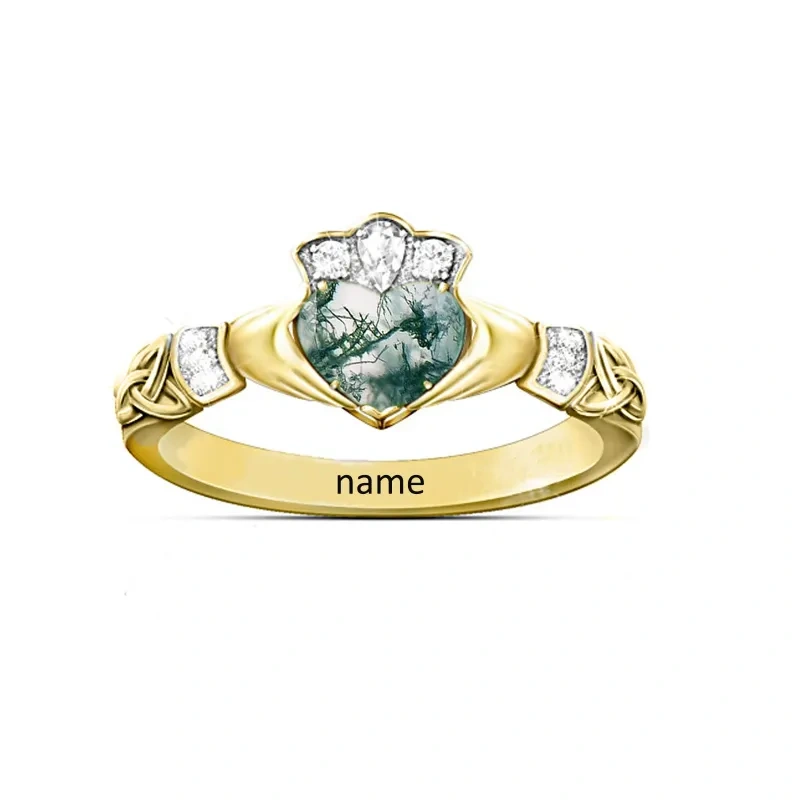 14K Gold Agate Personalized Classic Name & Couple Wedding Ring-4