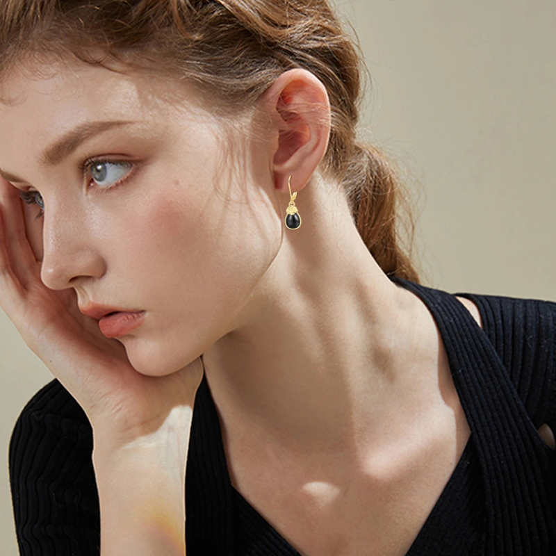 10K White Gold Agate Rose & Drop Shape Lever-back Earrings-2