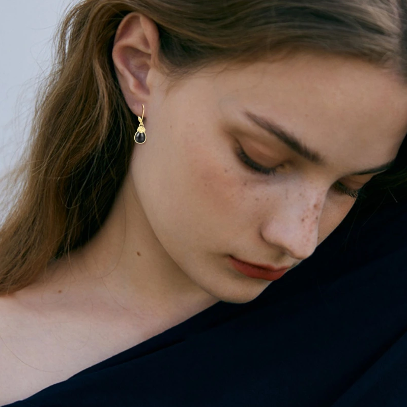 10K White Gold Agate Rose & Drop Shape Lever-back Earrings-3