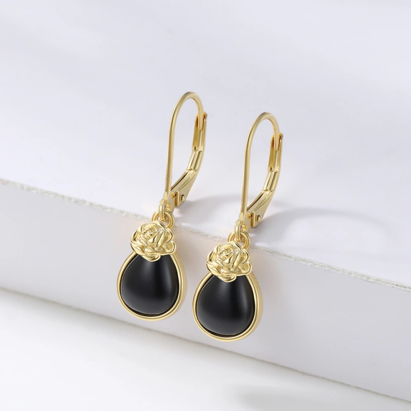 10K Gold Agate Rose Drop Lever-back Earrings for Women-4