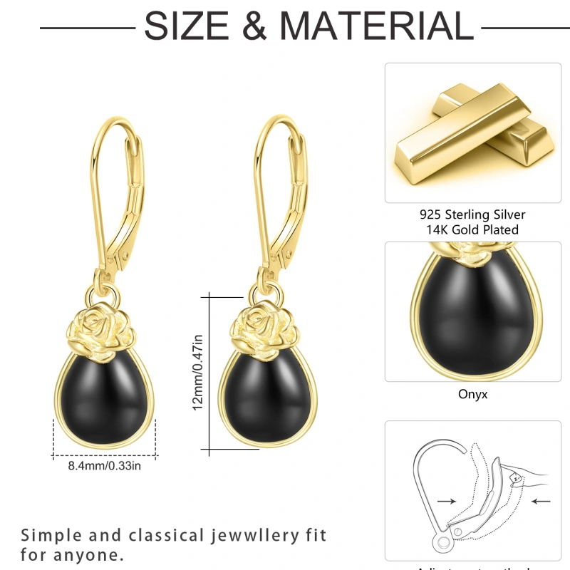 10K White Gold Agate Rose & Drop Shape Lever-back Earrings-5