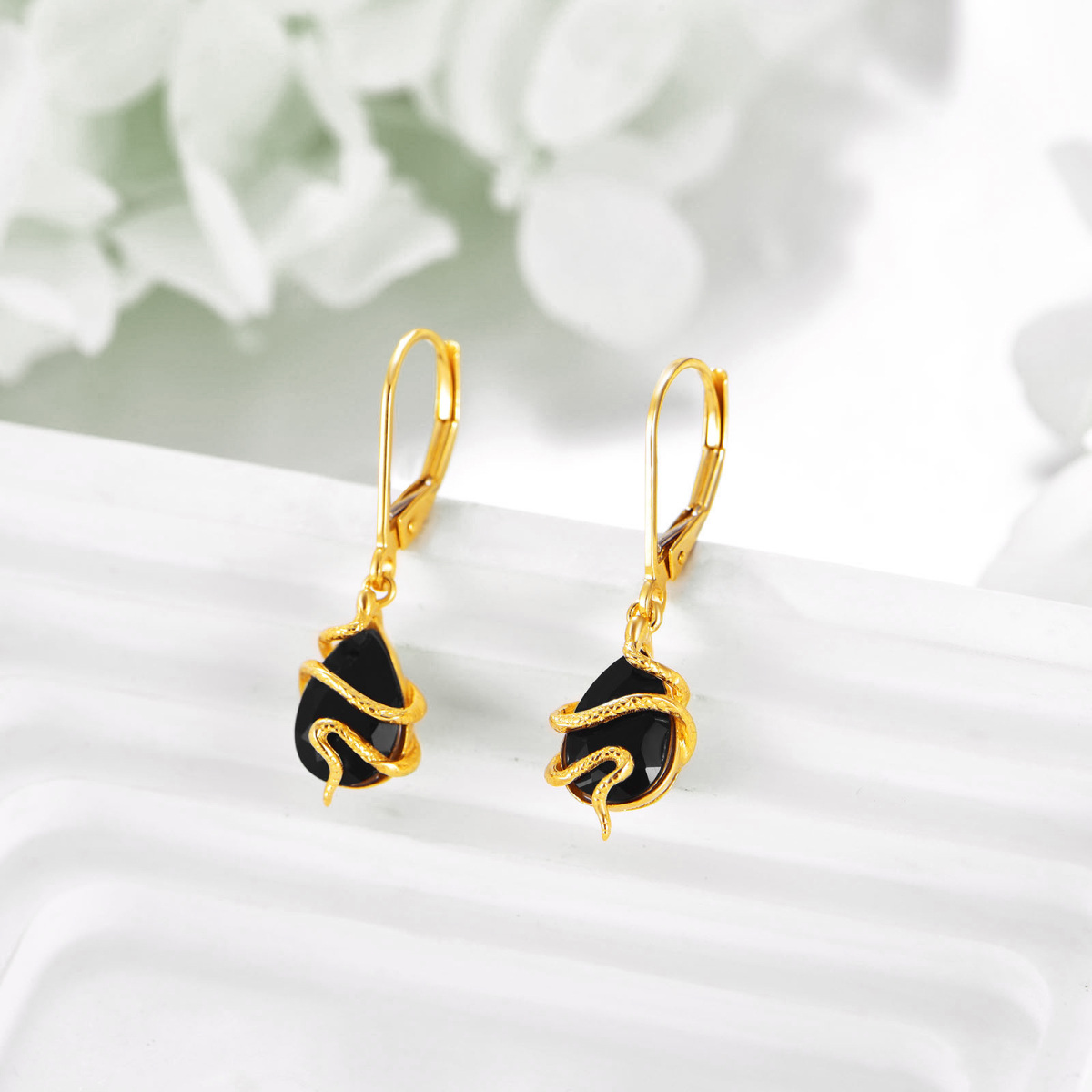 10K Gold Agate Snake Drop Earrings-4