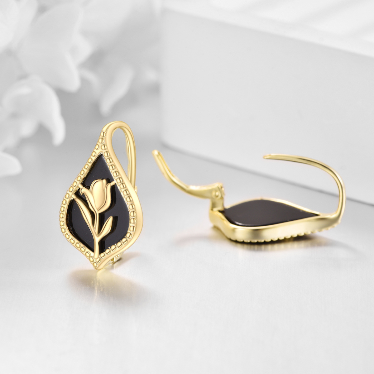Sterling Silver with Yellow Gold Plated Agate Tulip Lever-back Earrings-4