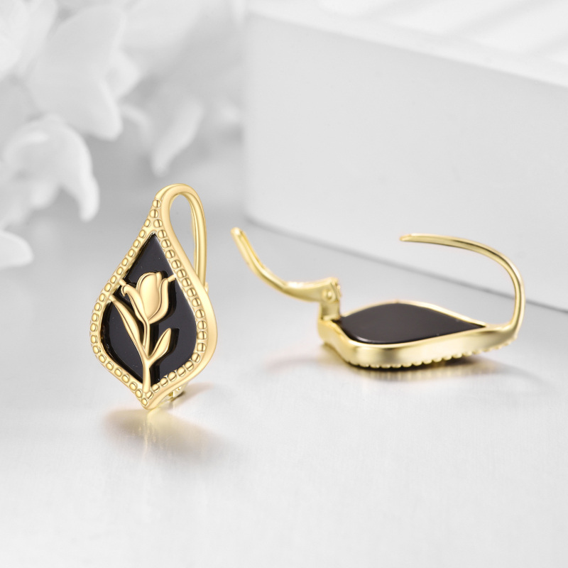 Brincos em prata de lei com ágata em forma de tulipa e fecho de alavanca, banhados a ouro amarelo.-4