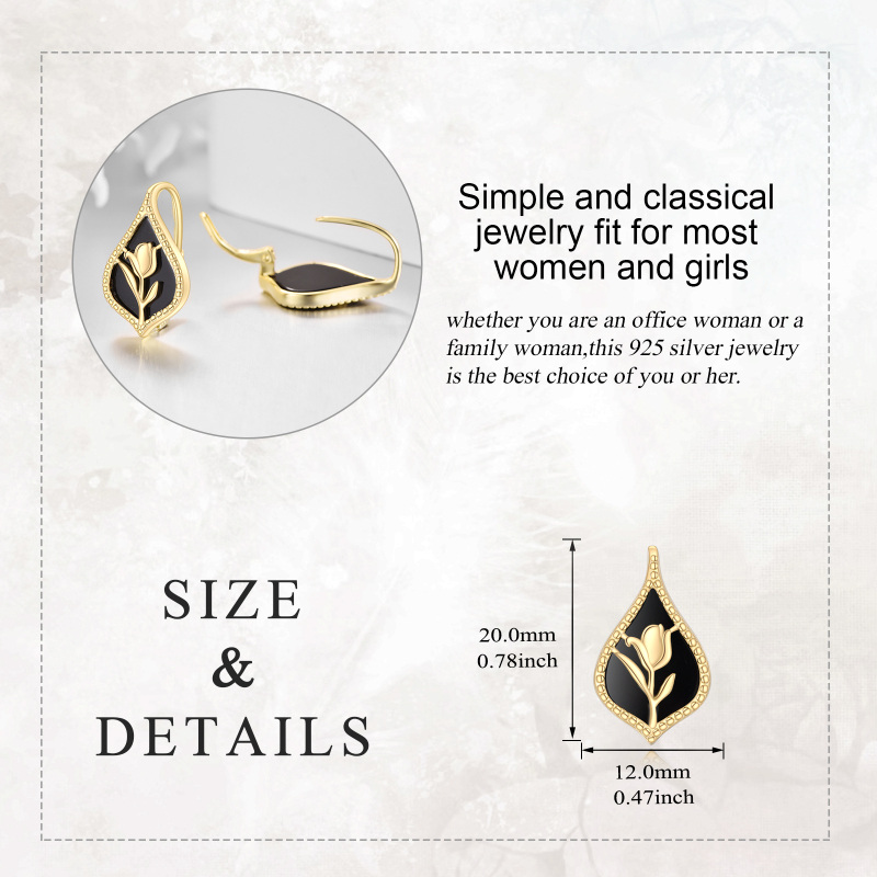 Brincos em prata de lei com ágata em forma de tulipa e fecho de alavanca, banhados a ouro amarelo.-5