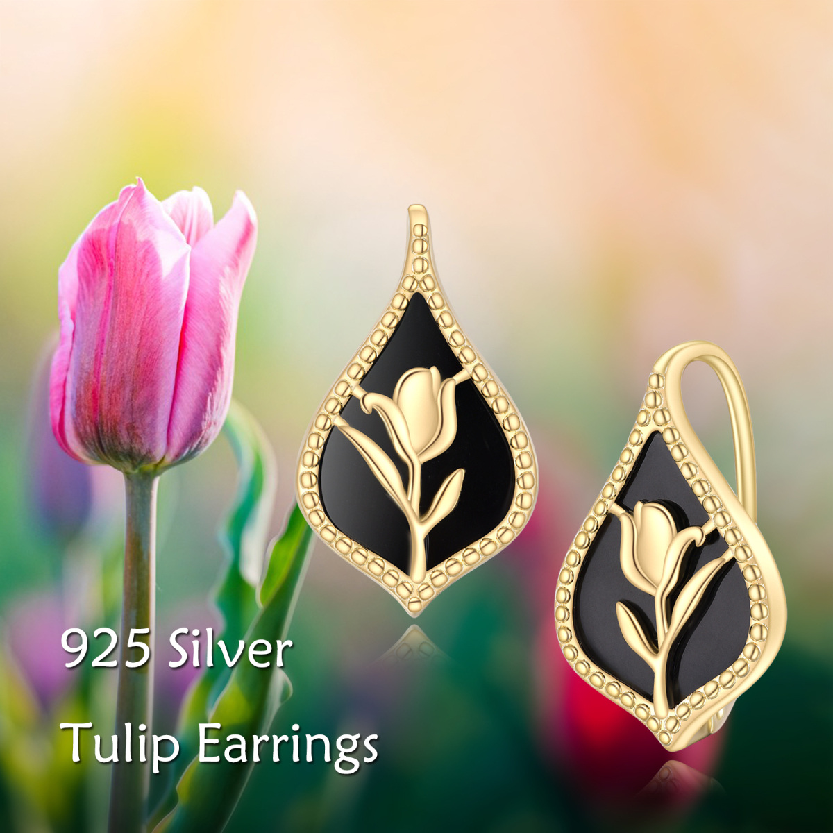 Sterling Silver with Yellow Gold Plated Agate Tulip Lever-back Earrings-6