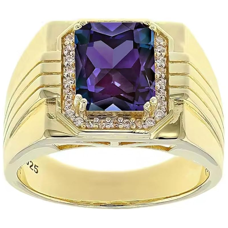 14K Gold Alexandrite with Diamonds Halo Emerald Cut Custom Engagement Ring for Men-1