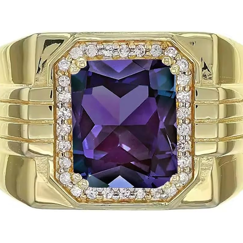 14K Gold Alexandrite with Diamonds Halo Emerald Cut Custom Engagement Ring for Men-2