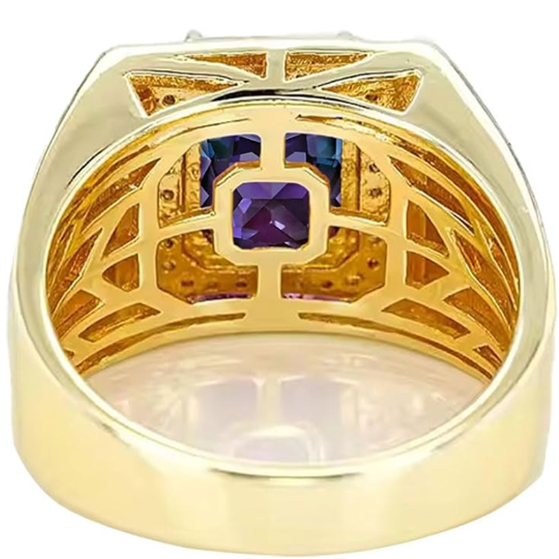 14K Gold Alexandrite with Diamonds Halo Emerald Cut Custom Engagement Ring for Men-3