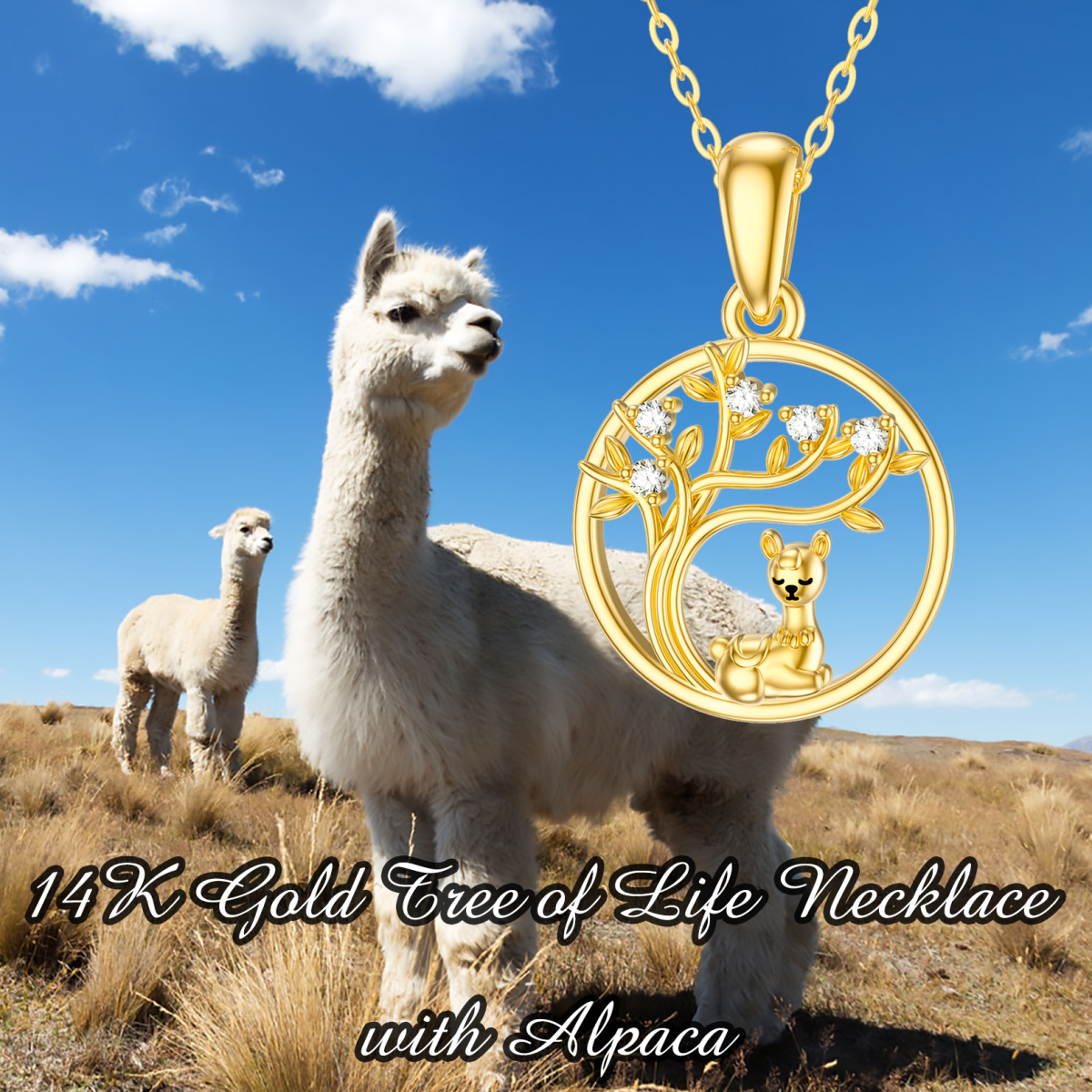 14K Gold Cubic Zirconia Alpaca & Tree Of Life Pendant Necklace-5