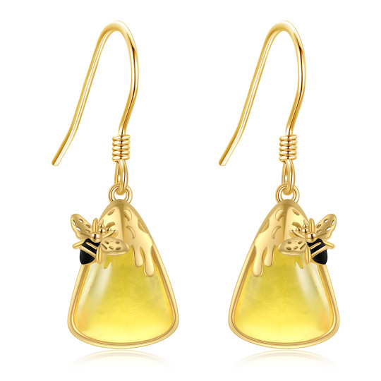 Boucles d'oreilles pendantes triangulaires en or 14 carats avec abeille en ambre pour femmes