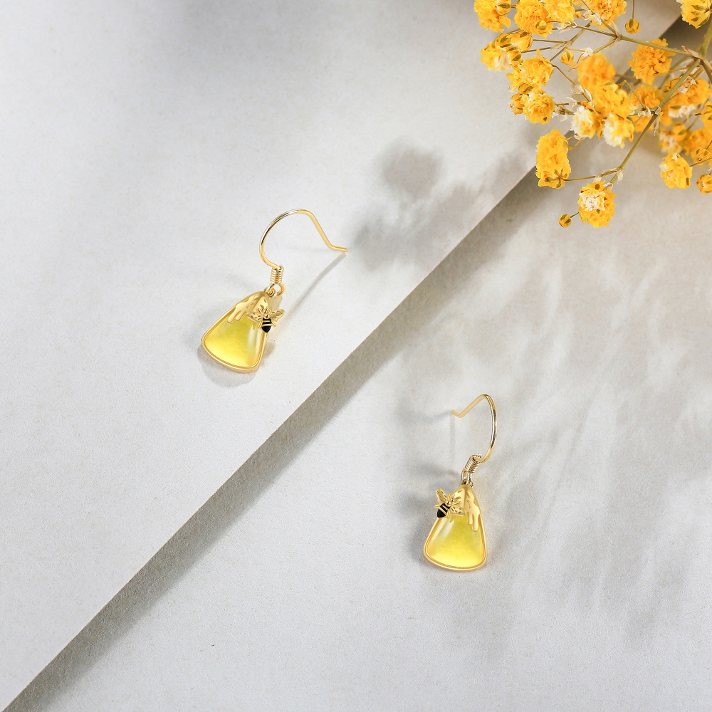 10K Gold Amber Bee & Triangle Drop Earrings for Women-3