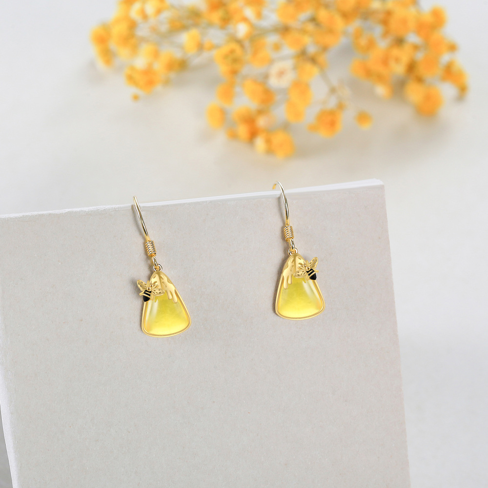 10K Gold Amber Bee & Triangle Drop Earrings for Women-4