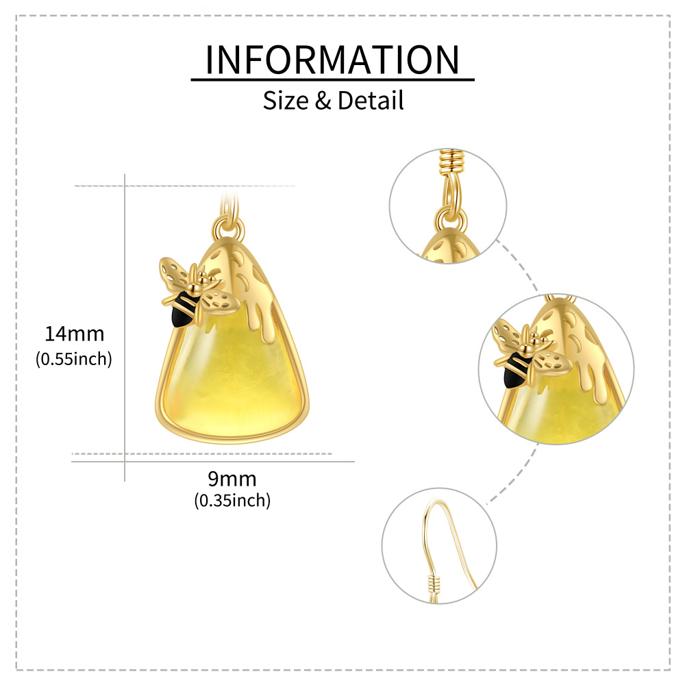 10K Gold Amber Bee & Triangle Drop Earrings for Women-5