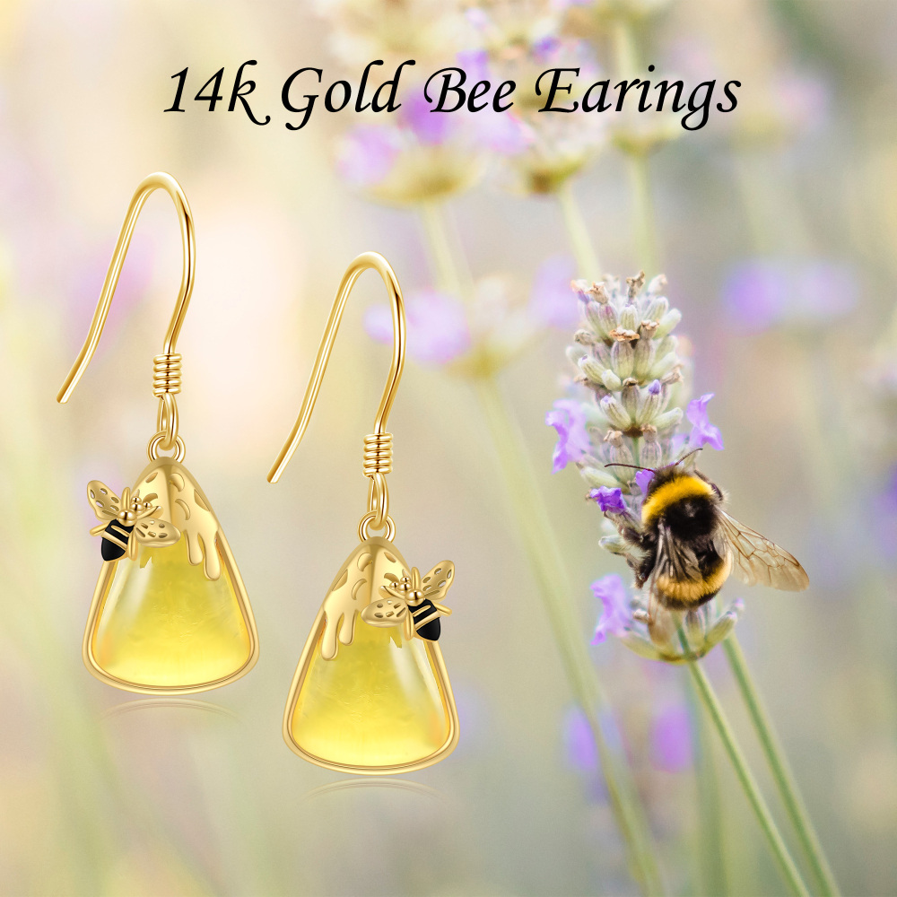 10K Gold Amber Bee & Triangle Drop Earrings for Women-6