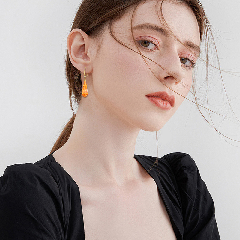 14K Gold Amber Drop Earrings-3