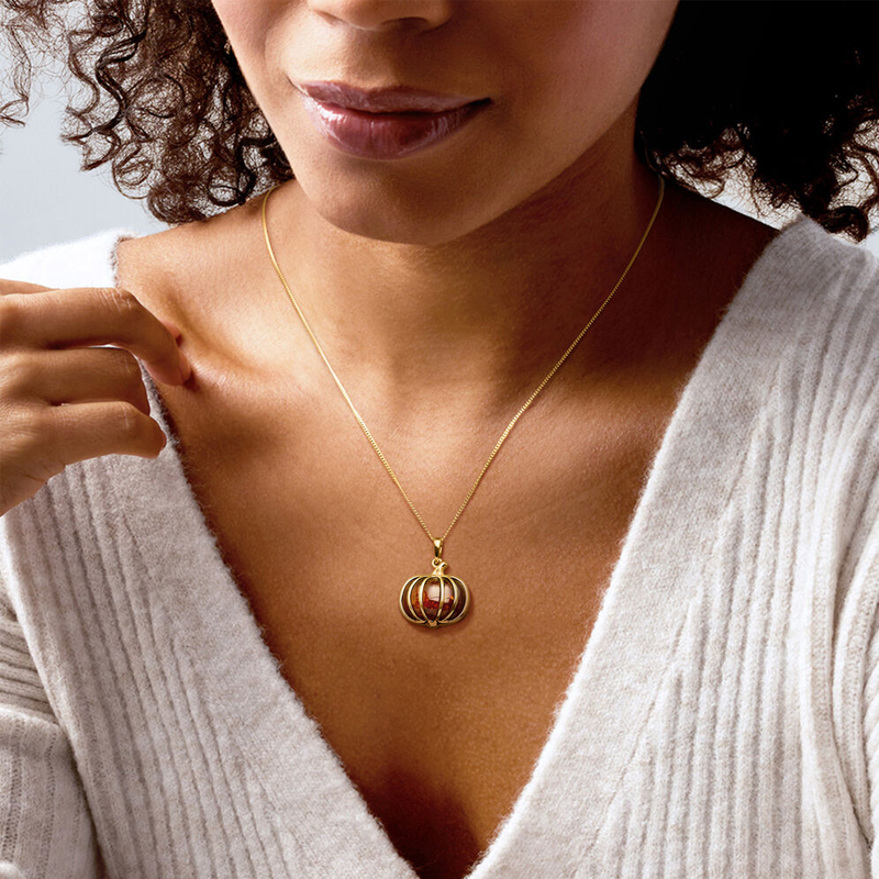 10K Gold Amber Pumpkin Pendant Halloween Autumn Necklace-2