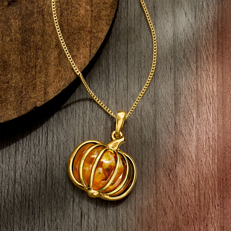 10K Gold Amber Pumpkin Pendant Halloween Autumn Necklace-3