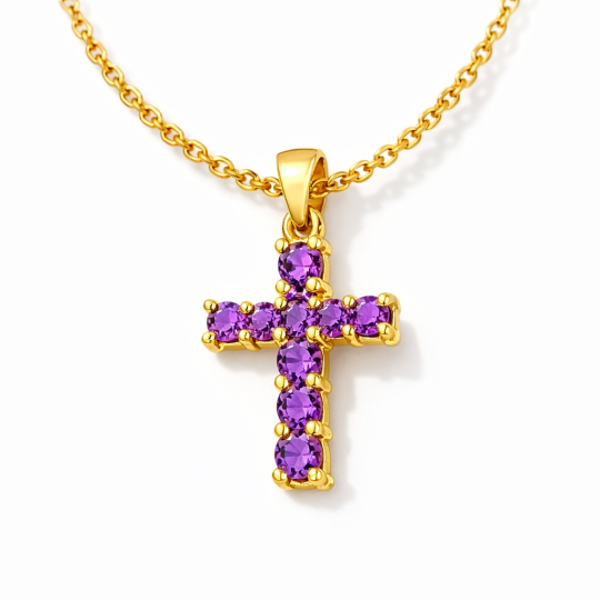 10K-Gold-Anhänger-Halskette mit Amethyst-Kreuz