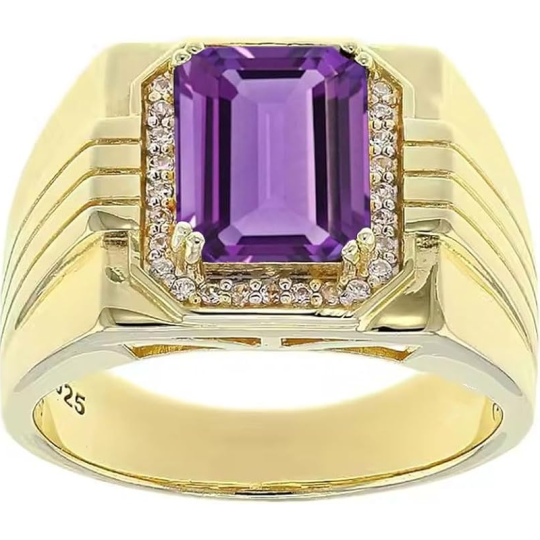 14K Gold Amethyst with Diamonds Halo Emerald Cut Custom Engagement Ring for Men