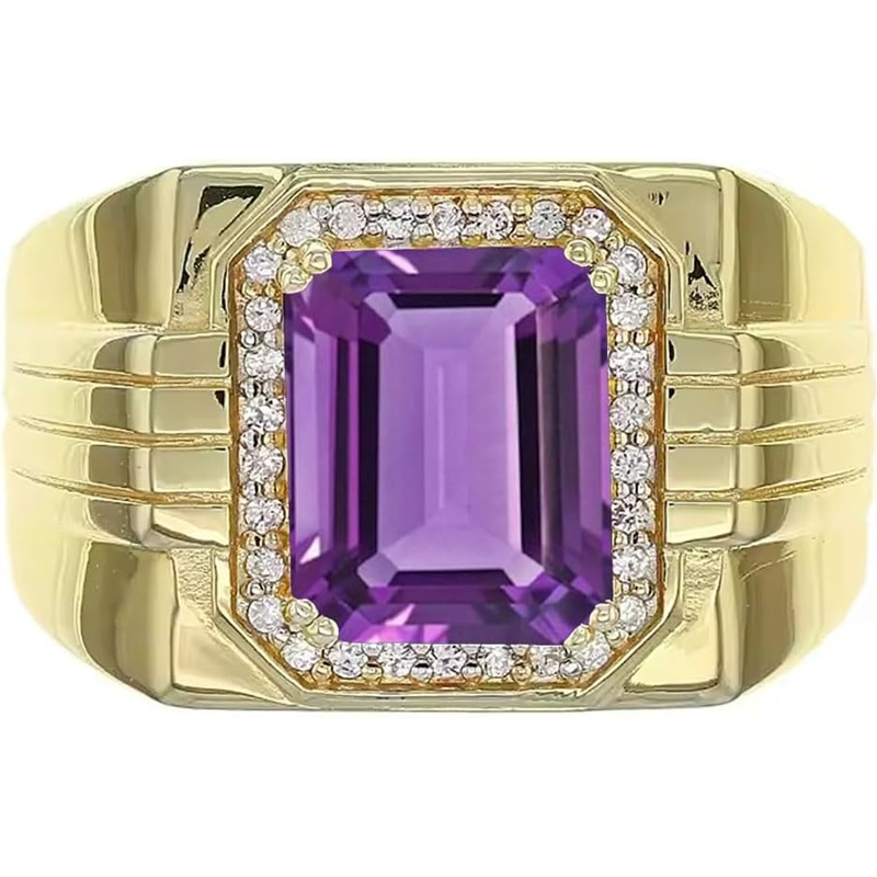 14K Gold Amethyst with Diamonds Halo Emerald Cut Custom Engagement Ring for Men-2