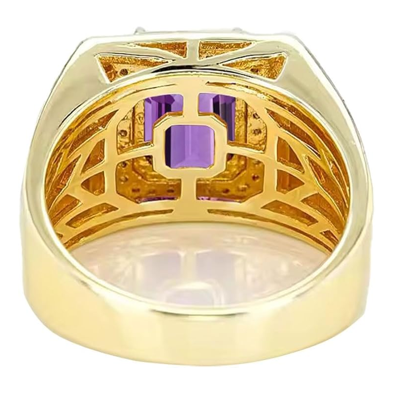 14K Gold Amethyst with Diamonds Halo Emerald Cut Custom Engagement Ring for Men-3