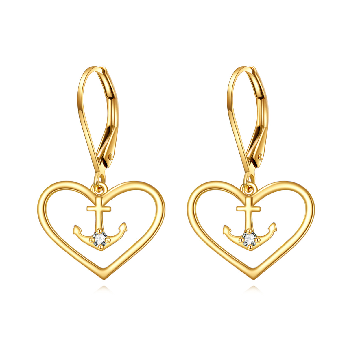 10K Gold Cubic Zirconia Anchor & Heart Drop Earrings-1