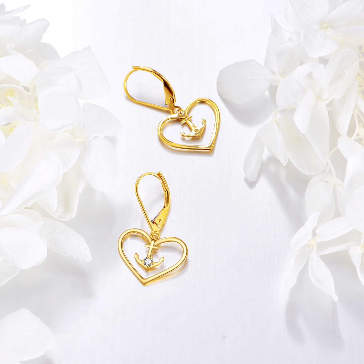 10K Gold Cubic Zirconia Anchor & Heart Drop Earrings-4