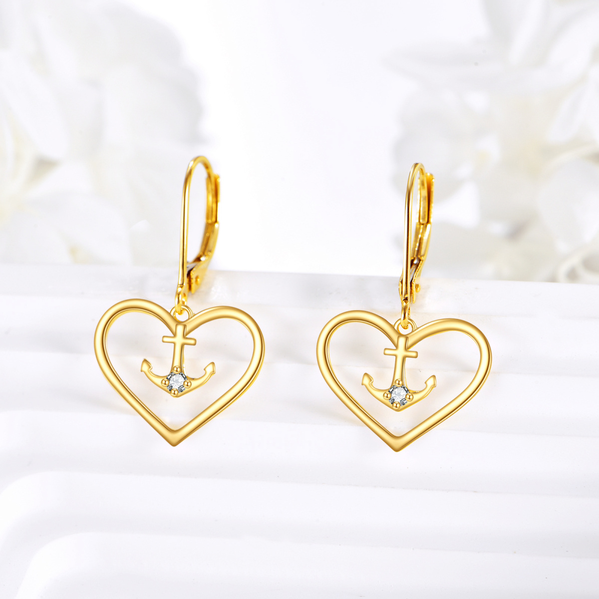 10K Gold Cubic Zirconia Anchor & Heart Drop Earrings-5