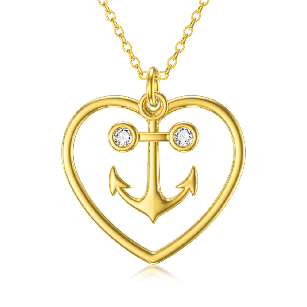 10K Gold Cubic Zirconia Anchor & Heart Pendant Necklace-1