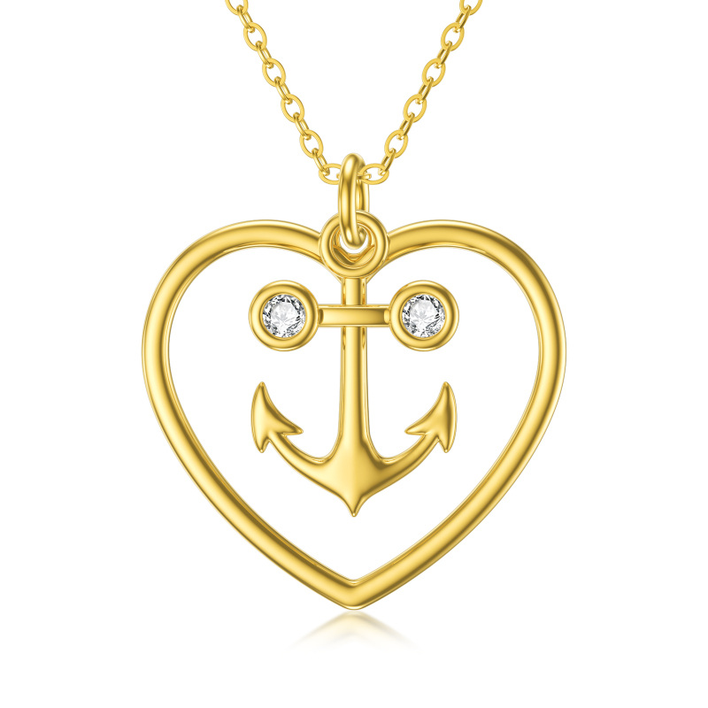 10K Gold Cubic Zirconia Anchor & Heart Pendant Necklace-12