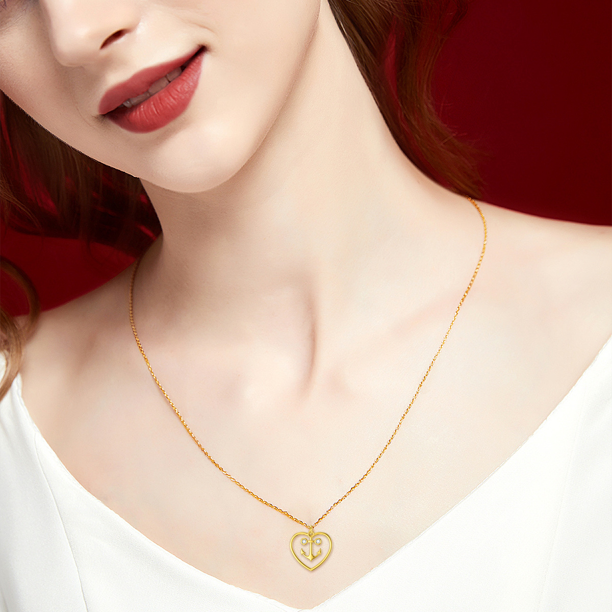 Collier en or 14K à pendentif ancre et coeur en zircon cubique-2