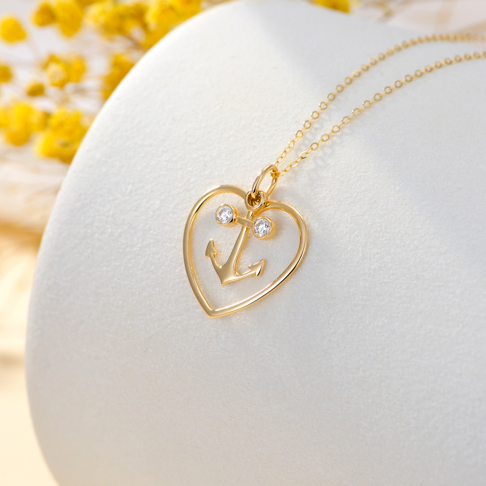 10K Gold Cubic Zirconia Anchor & Heart Pendant Necklace-3