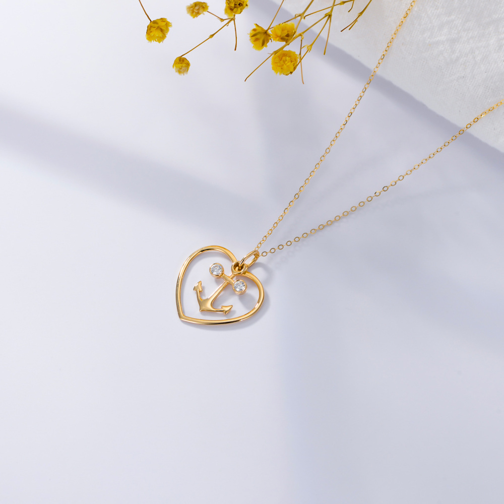 10K Gold Cubic Zirconia Anchor & Heart Pendant Necklace-4
