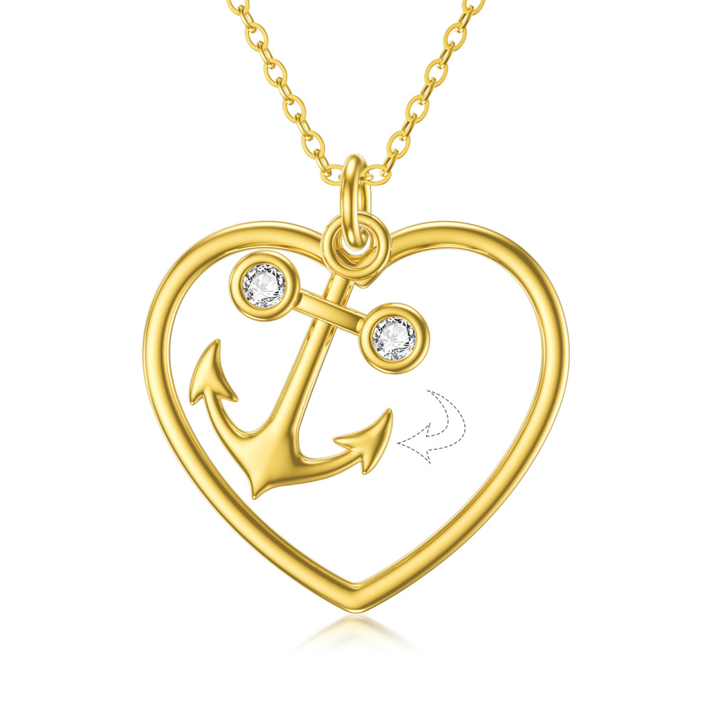 10K Gold Cubic Zirconia Anchor & Heart Pendant Necklace-5