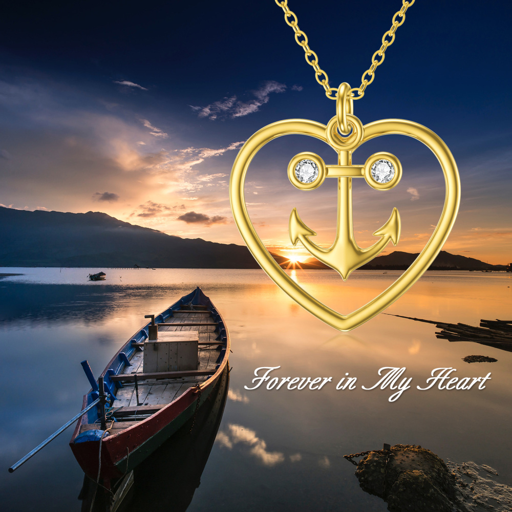 10K Gold Cubic Zirconia Anchor & Heart Pendant Necklace-7
