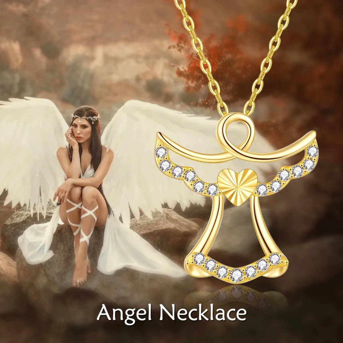 14K Gold Cubic Zirconia Angel Pendant Necklace-4