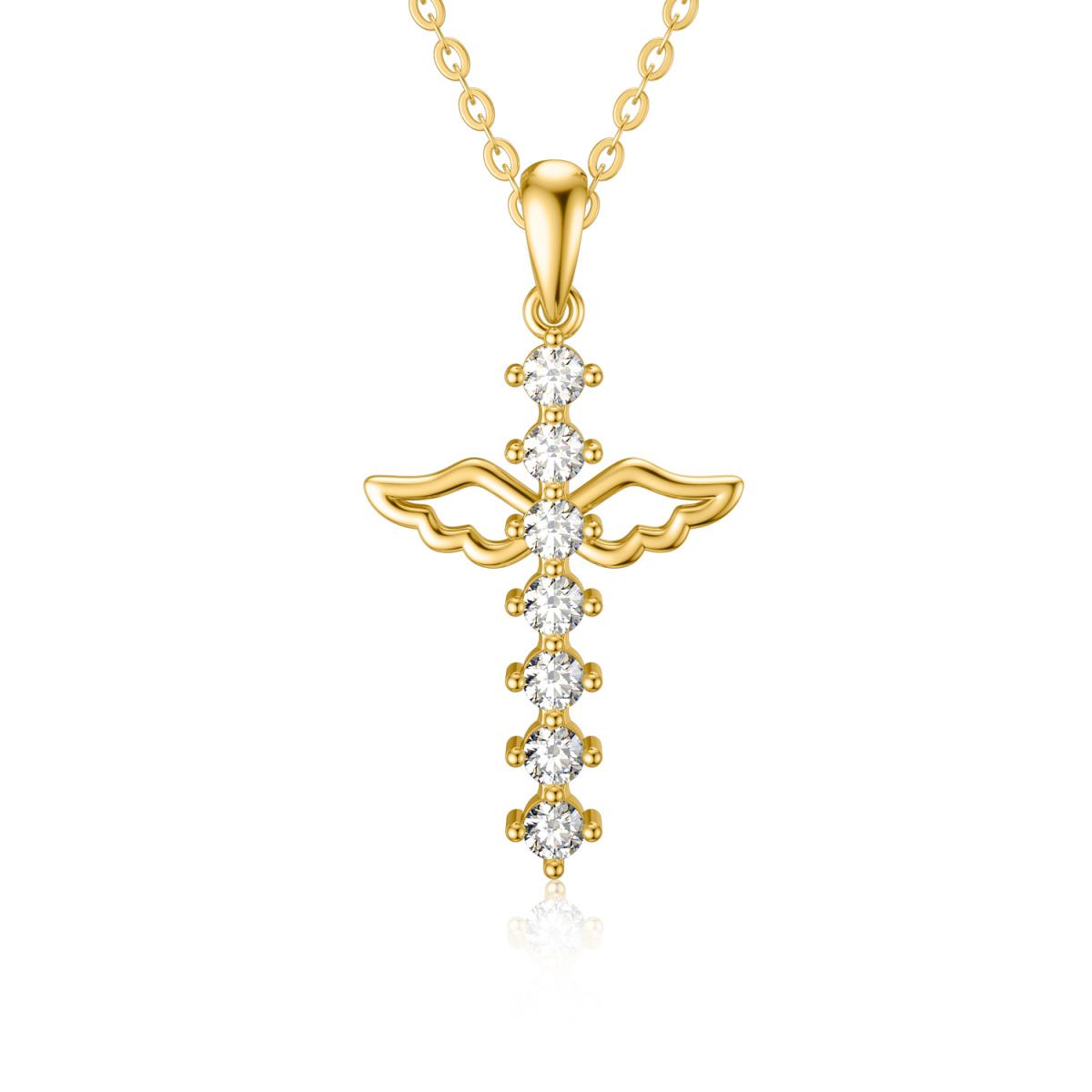 14K Gold Cubic Zirconia Angel Wing & Cross Pendant Necklace-1