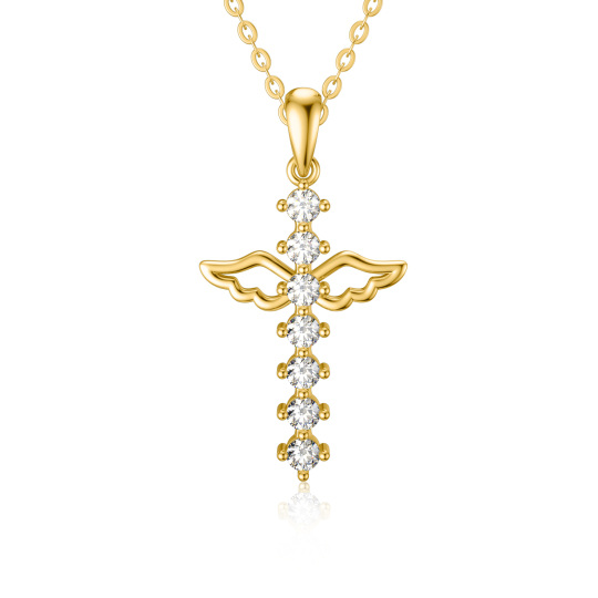 Collana con ciondolo a forma di ala di angelo e croce in oro 14K con zirconia cubica