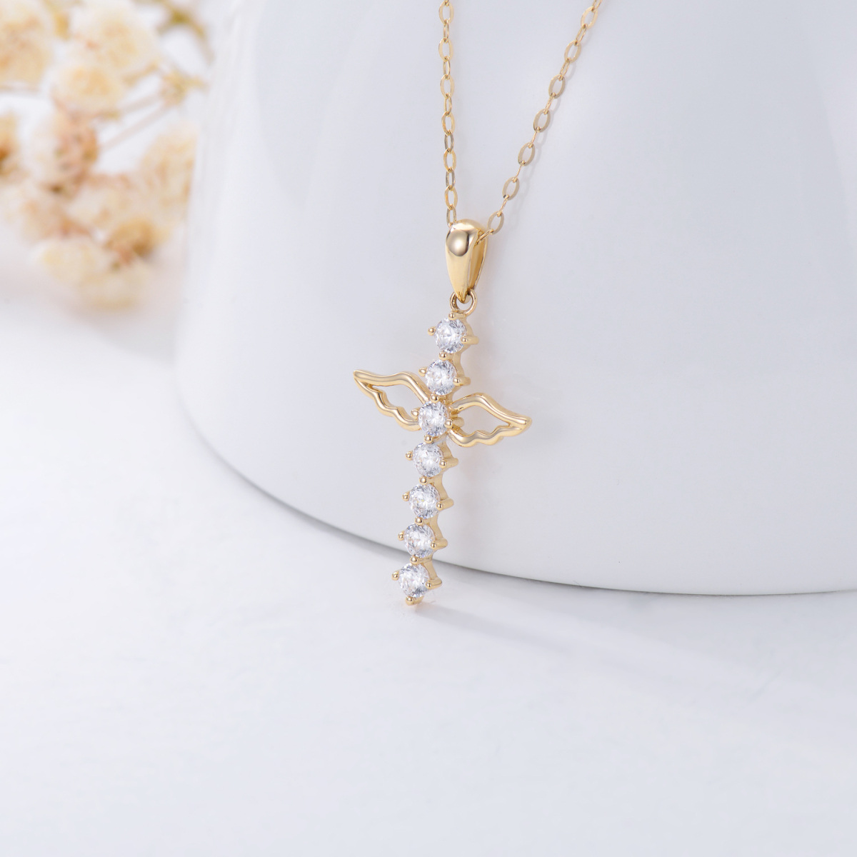 10K Gold Cubic Zirconia Angel Wing & Cross Pendant Necklace-3