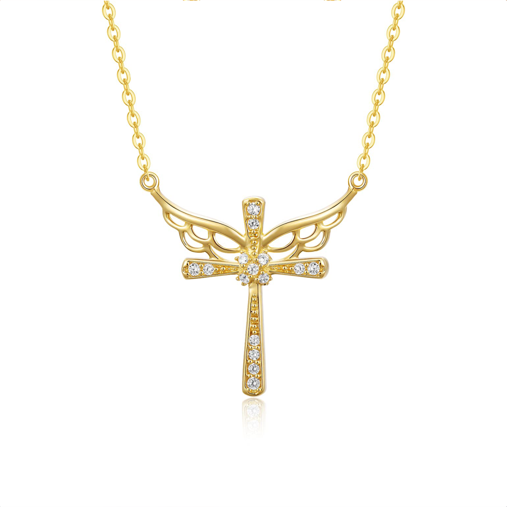 10K Gold Cubic Zirconia Angel Wing & Cross Pendant Necklace-1