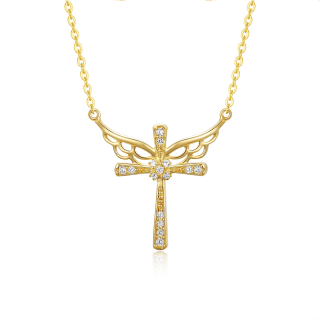 10K Gold Cubic Zirconia Angel Wing & Cross Pendant Necklace-29