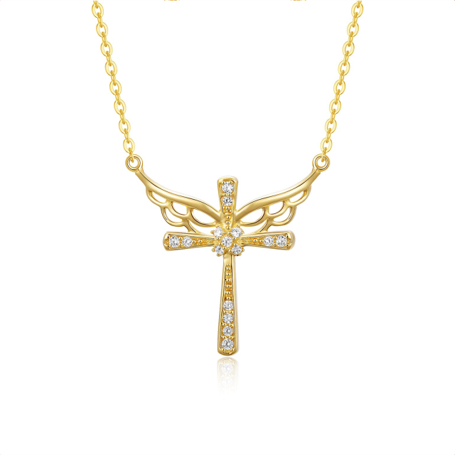 Collier en or 14K avec pendentif croix et aile d'ange en zircon cubique